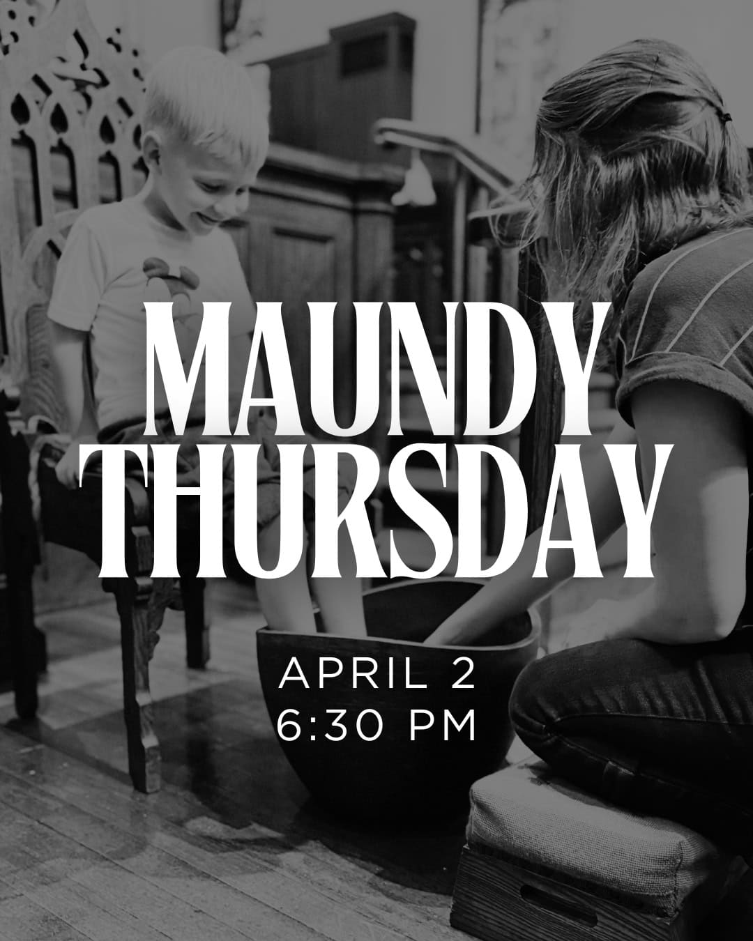 Child and adult washing feet during Maundy Thursday service at Saint Andrew's Episcopal Church.