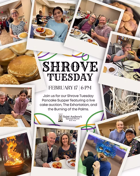 A Shrove Tuesday flyer featuring several color polaroids of previous pancake suppers and advertising this year's event on February 17 at 6pm.