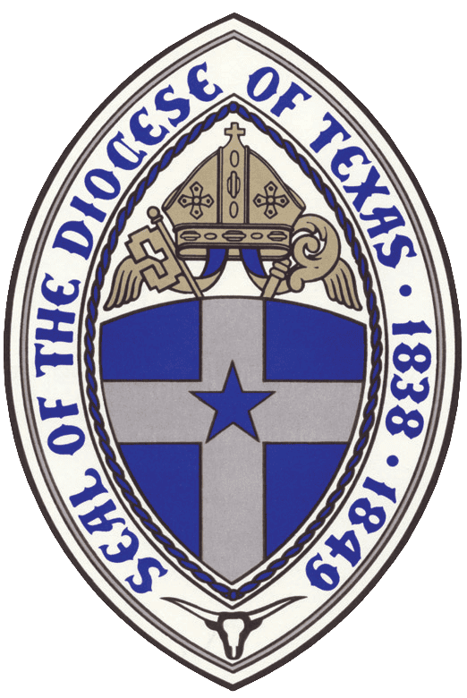The image is a seal for the Diocese of Texas, featuring a blue shield with a cross, star, and bishop’s mitre.