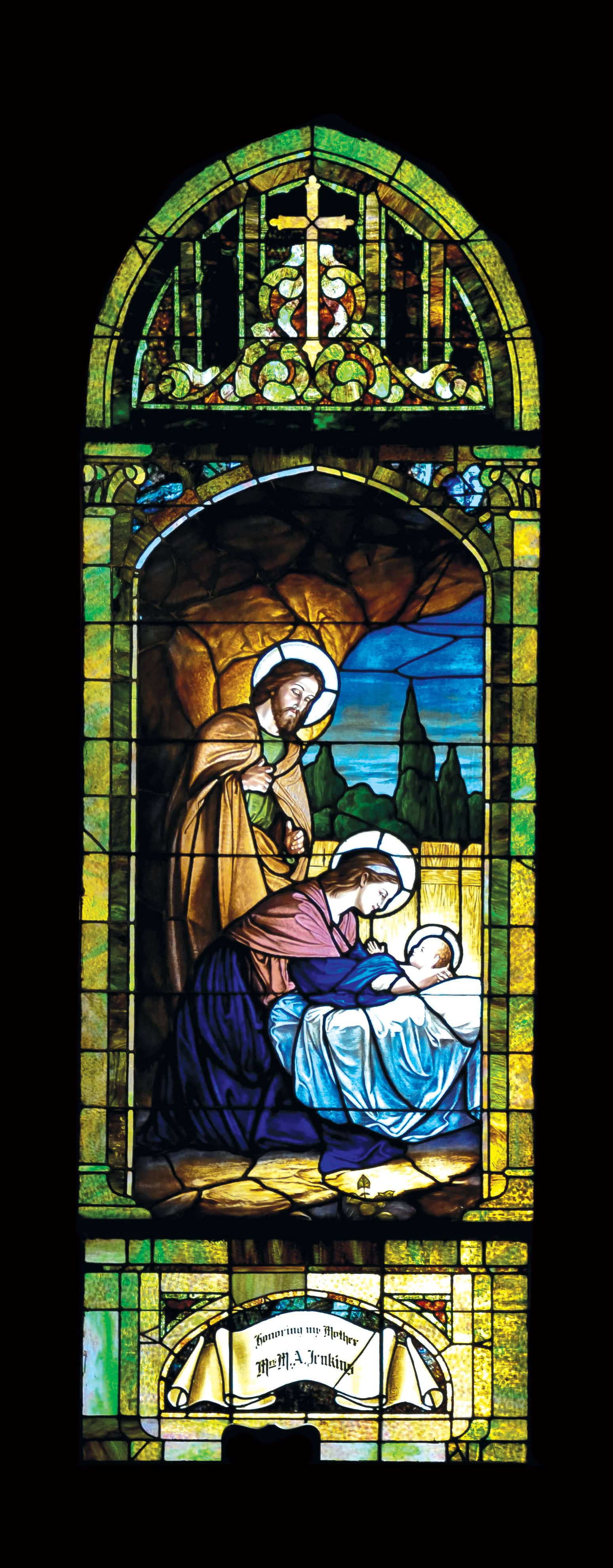 Stained glass window at Saint Andrew's Episcopal Church depicting the Nativity scene.