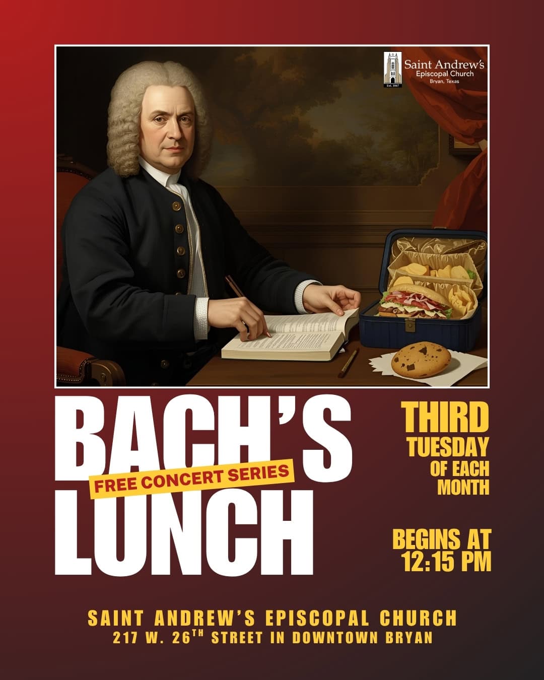 Saint Andrew's Episcopal Church promotional poster for Bach's Lunch concert series.