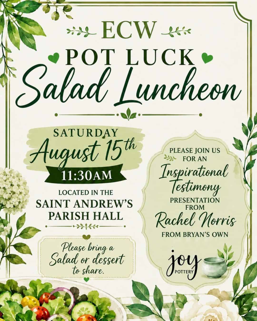 Saint Andrew's Episcopal Church event poster for Pot Luck Salad Luncheon on August 15.