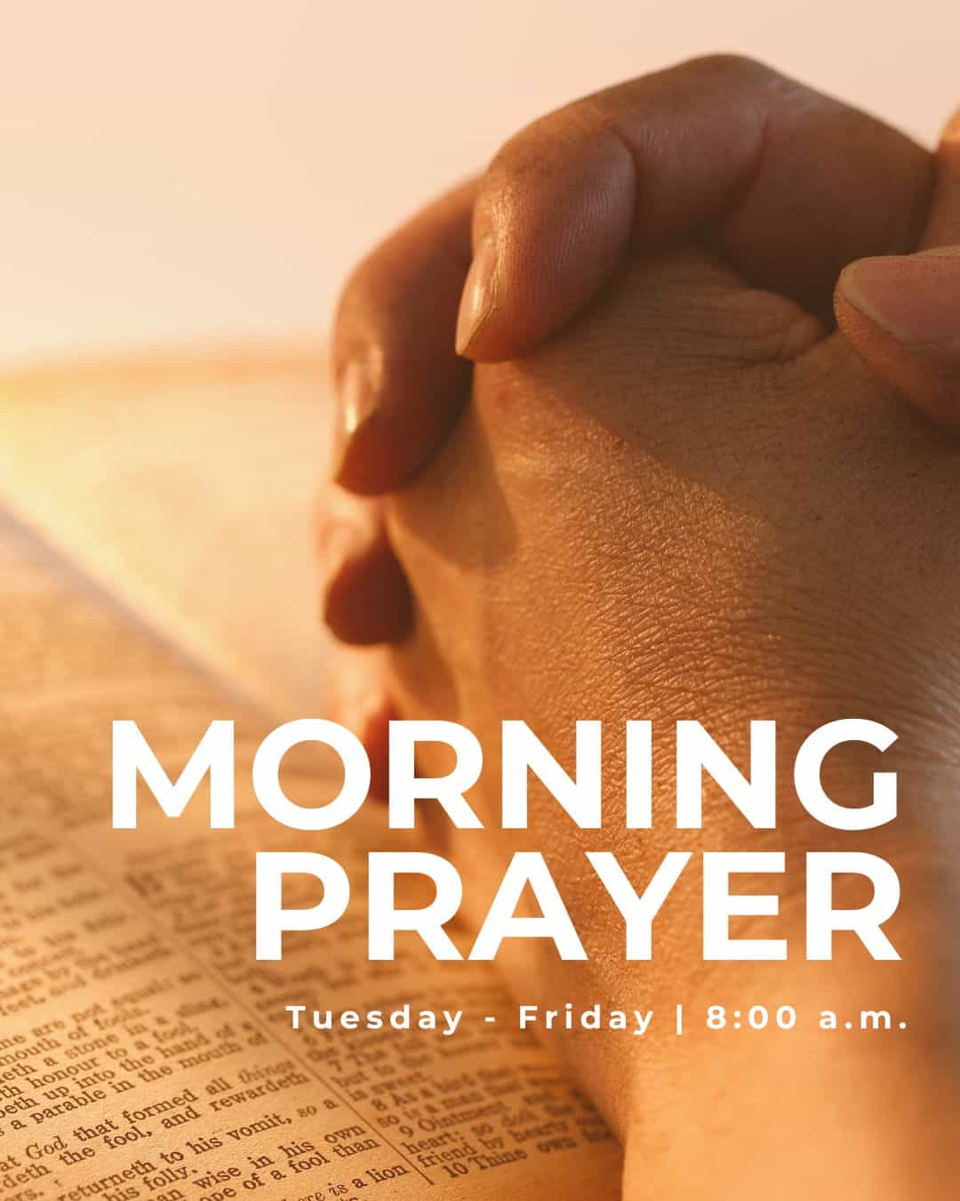 Close-up of praying hands over a Bible, morning prayer scene.