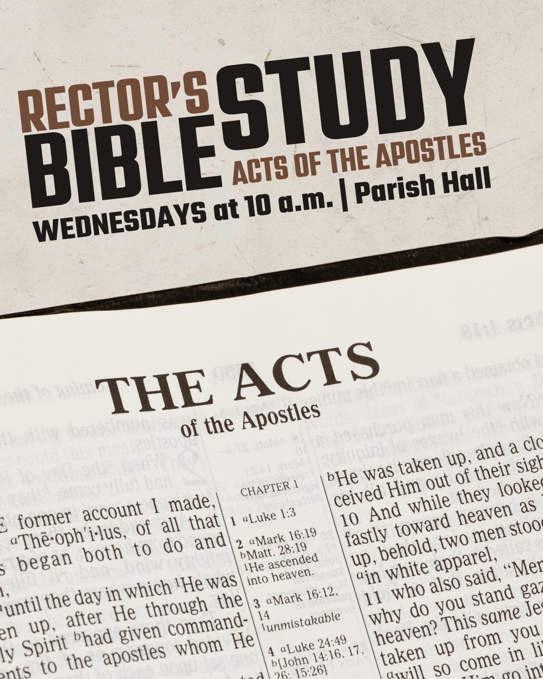 Bible study flyer for Acts of the Apostles at Saint Andrew's Episcopal Church.