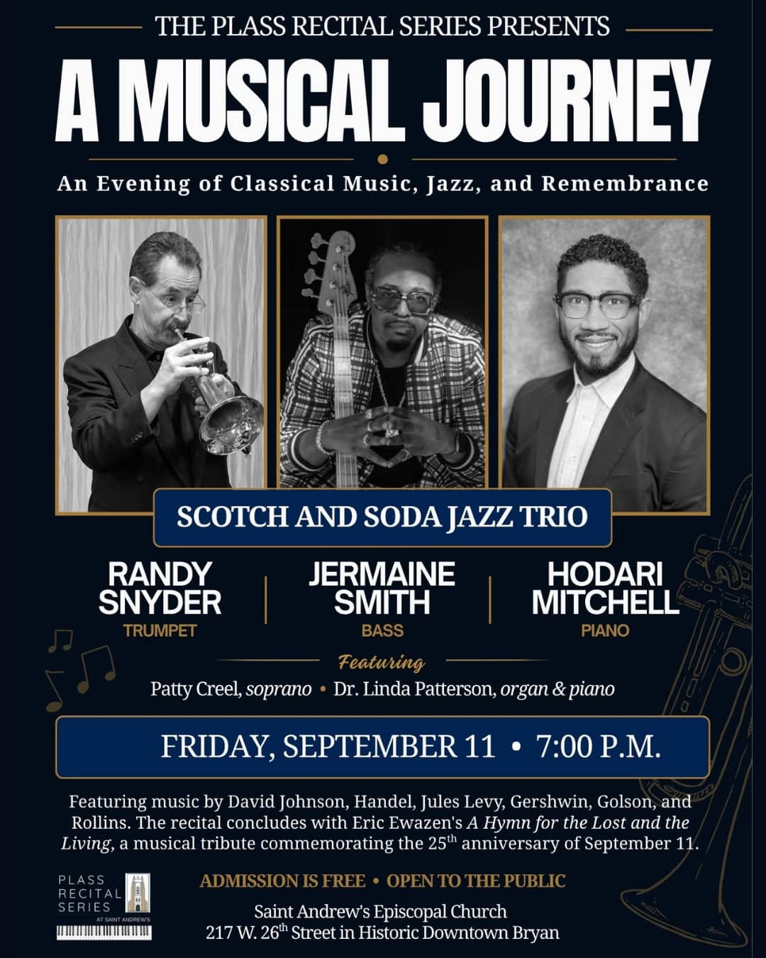 Saint Andrew's Episcopal Church hosts 'A Musical Journey' concert with jazz and classical music.