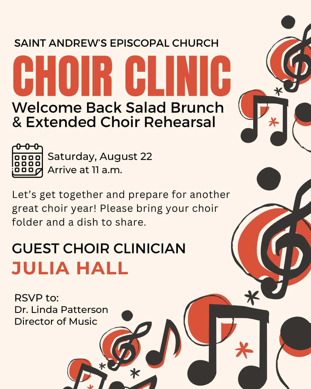 Saint Andrew's Episcopal Church choir clinic event poster with musical notes.