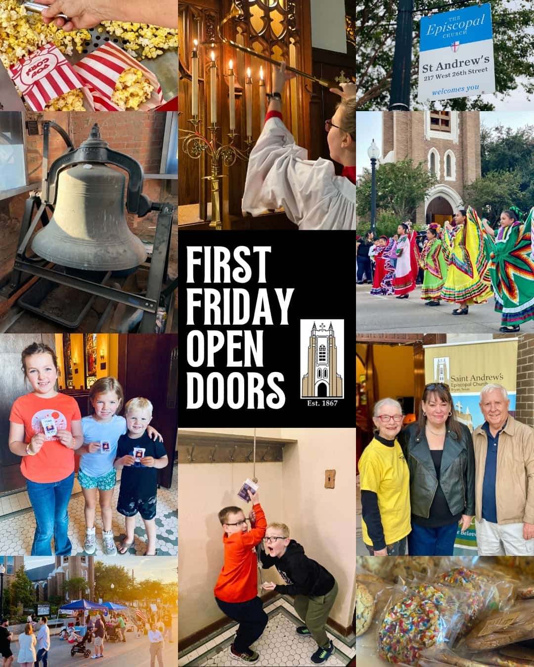 First Friday Saint Andrew's Episcopal Church with colorful outdoor festivities and community events.