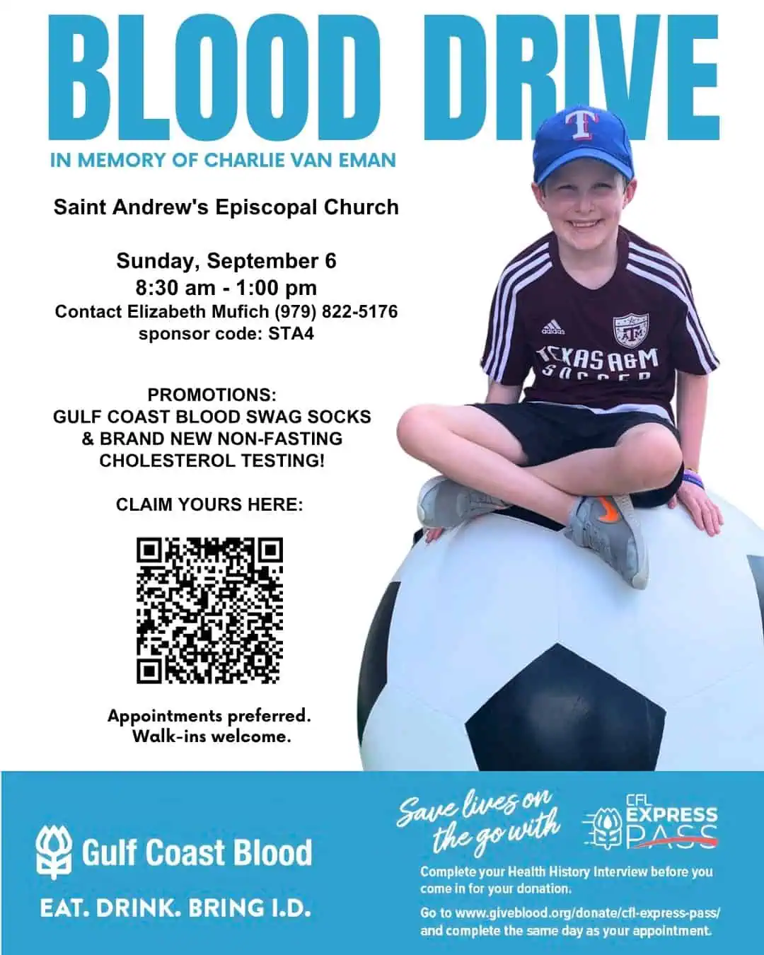 Saint Andrew's Episcopal Church blood drive event flyer with a smiling boy on a soccer ball.