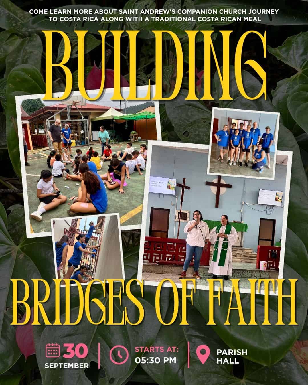Saint Andrew's Episcopal Church building and community activities in Costa Rica.
