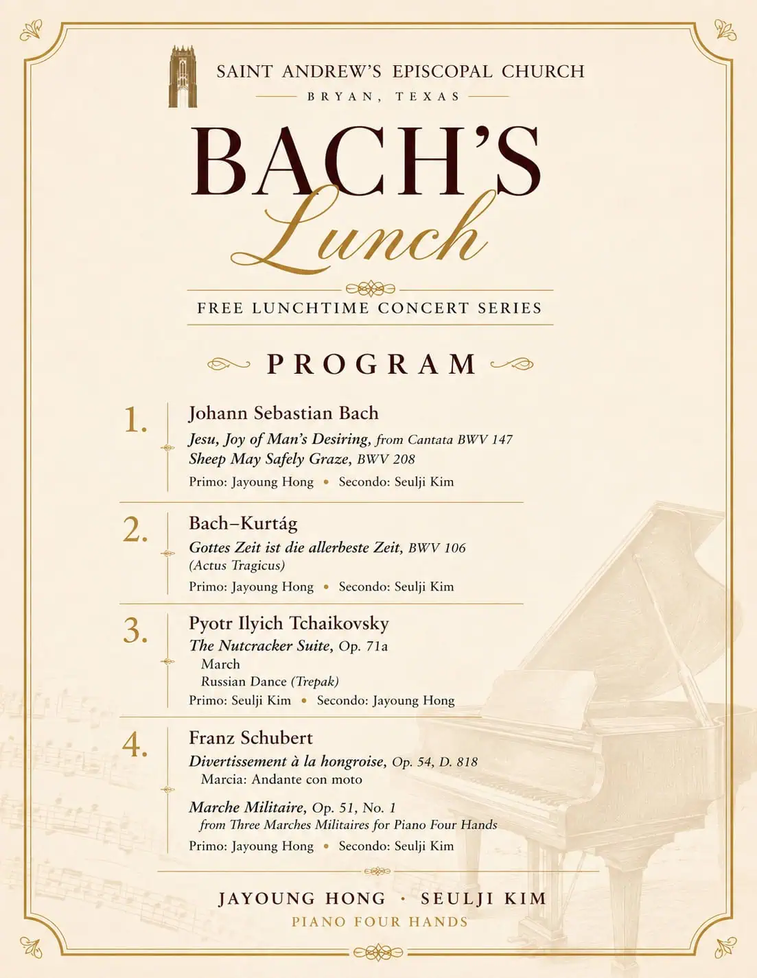 Saint Andrew’s Episcopal Church Bach’s Lunch Event poster for Bach's Lunch concert series at Saint Andrew's Episcopal Church.